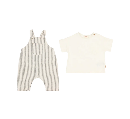 Baby Linen Stripes Dungaree and T-shirt Set