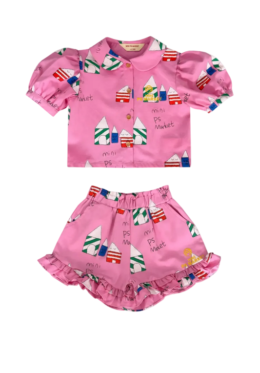 House Printed Shirt and Short Set - Pink