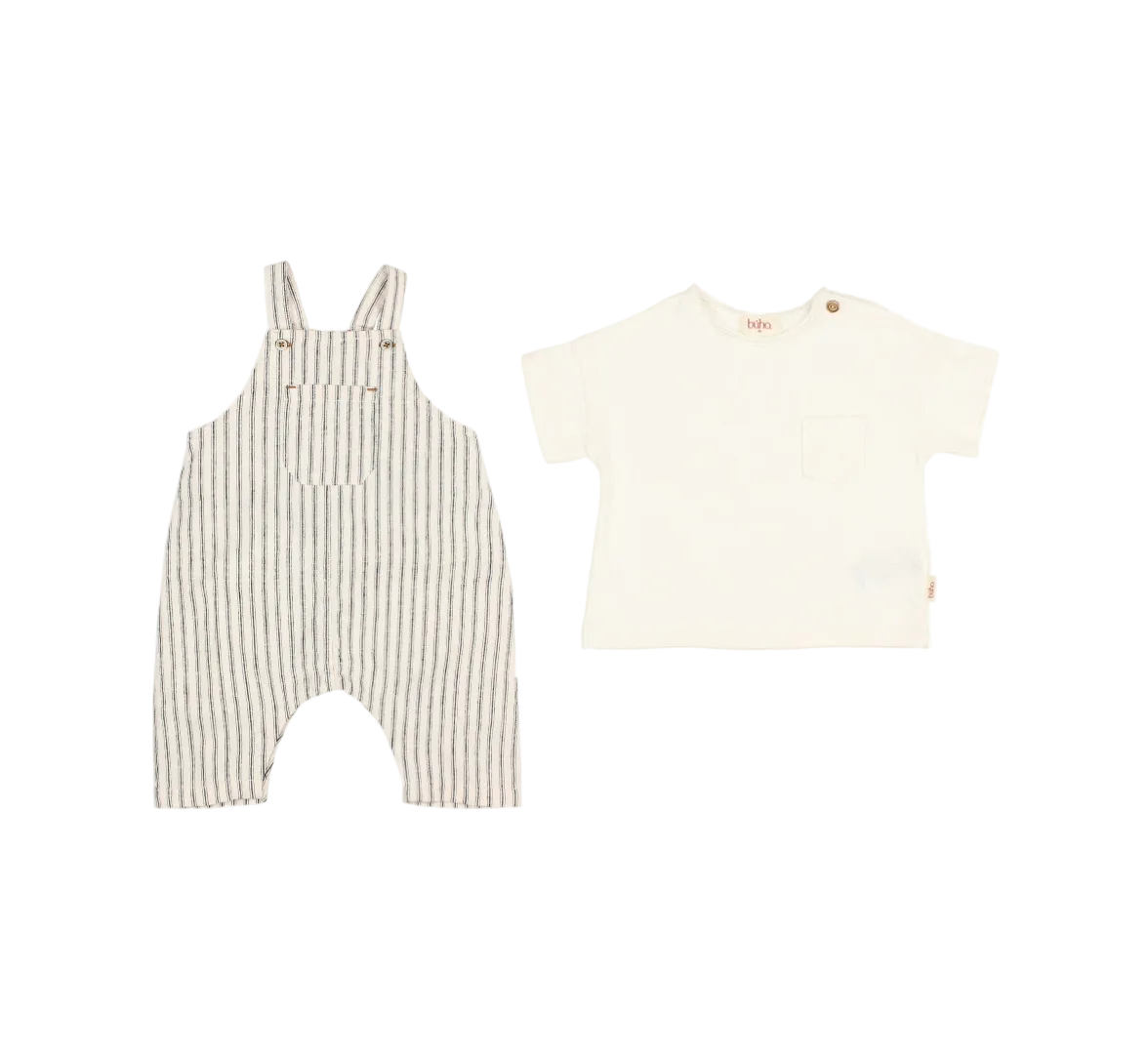 Baby Linen Stripes Dungaree and T-shirt Set